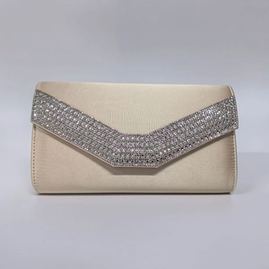 Elegant champagne satin evening clutch bag with sparkling V-shaped rhinestone decoration