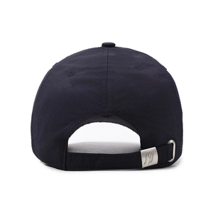 Rear view of adjustable baseball cap with premium metallic buckle and navy fabric