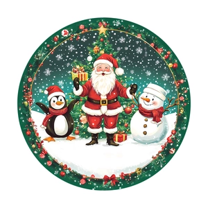 Detail of Christmas window clings featuring Santa, penguin and snowman in festive scene