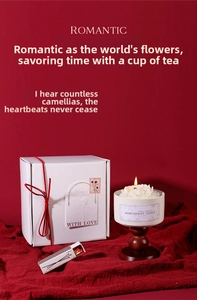Romantic gift set with flower candle, wooden base, matches and elegant ribbon box