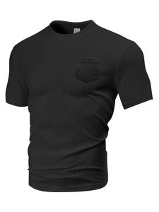 Close-up of waffle texture and square pocket on black crew neck short sleeve t-shirt