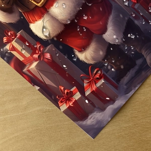 Detail of a 3D Santa Claus card with gift boxes on a natural wood surface background