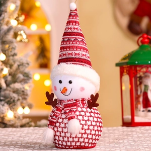 Knitted plush snowman doll with reindeer horns and scarf for Christmas tree decoration