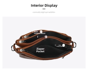 Interior view of brown faux leather crossbody bag with three main zip compartments