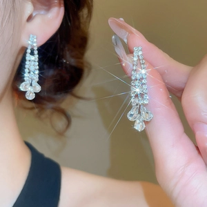 Close-up of sparkling silver tassel earrings with crystal water drop accents for women