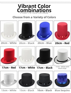 Detailed comparison of various heights and colors of magician top hats in a grid layout