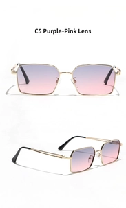 Detailed close-up of retro square metal sunglasses with gradient purple pink lenses