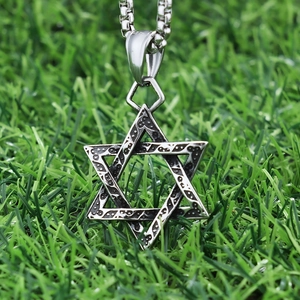 Vintage silver stainless steel hexagram pendant necklace with classic box chain