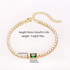 Detail view of gold zircon bracelet with 5x7mm green rectangular stone.