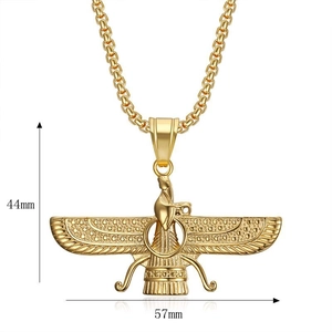 Faravahar Zoroastrian symbol pendant in gold finish, dimensions 44mm by 57mm necklace