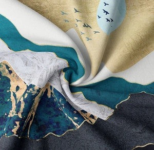 Macro detail of abstract mountain tapestry with golden marble peaks and soft fabric texture
