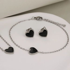 French minimalist stainless steel set with black shell heart necklace, bracelet and earrings