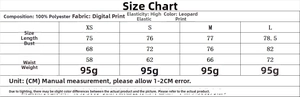 Detailed size chart for leopard print denim jumpsuit including fabric and dimensions