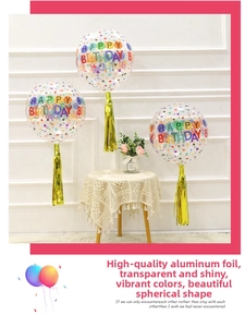 22-inch clear Happy Birthday balloon with colorful confetti and gold foil fringe detail