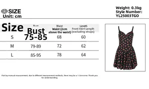 Detailed size chart for cherry print lace mini dress with specific body measurements