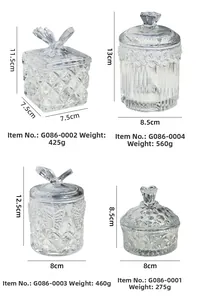 Detailed size specifications for assorted embossed clear glass jewelry storage jars