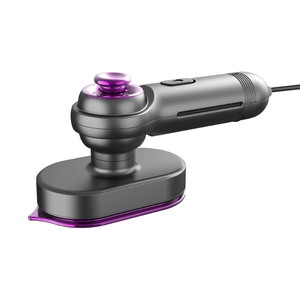 Portable handheld steam iron in dark gray and purple metallic finish for home use