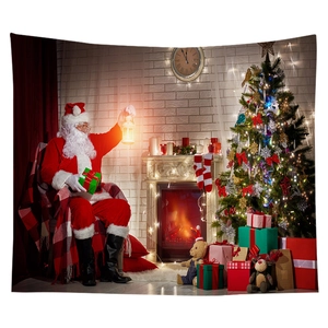Detail of Christmas tapestry featuring Santa Claus by a fireplace with festive gifts