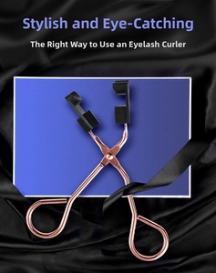 Close-up of rose gold magnetic eyelash applicator tool on blue and black background