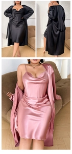 Detail of silk satin sleepwear set showing V-neck nightgown and matching long robe