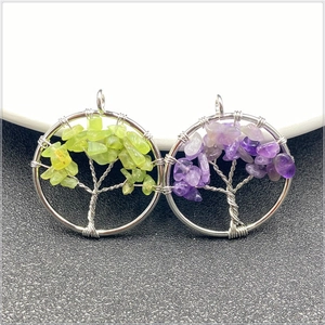 Detail showing two Tree of Life pendants with green and purple natural stone chips