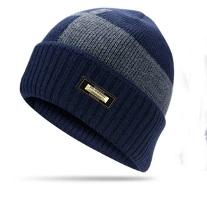 Knitted balaclava beanie in navy and grey with classic fashion label for wind protection