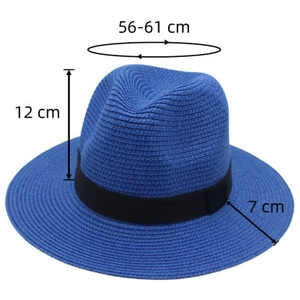 Blue Panama straw hat with black ribbon detailing 56-61cm circumference measurements