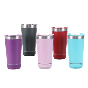 Insulated 16oz stainless steel coffee tumblers with integrated wireless bluetooth speakers