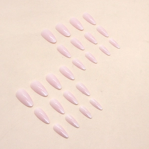 24-piece set of nude pink almond glitter press-on nails with shimmering pearlescent finish