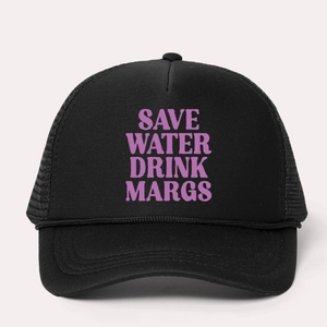 Adjustable black trucker hat with SAVE WATER DRINK MARGS pink print and mesh back