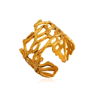 Anello corallo dorato in acciaio inossidabile con design naturale traforato trendy