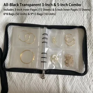 Black zipper jewelry binder showing PVC inner pages and floral zipper pull detail