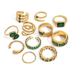 11-piece set of gold stainless steel rings for women with emerald green stones