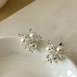18k gold plated silver needle pearl earrings with irregular organic design aesthetic