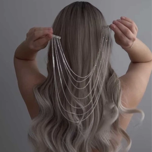 Sparkling multi-layer rhinestone tassel hair chain accessory with silver metal clips