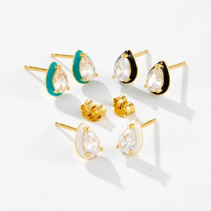 Detailed set of three pear-cut cubic zirconia stud earrings in blue, black, and white colors