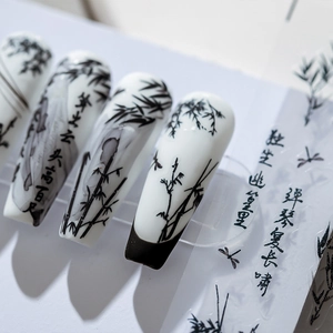 Faux ongles longs forme cercueil style peinture à l'encre bambou et libellule avec calligraphie