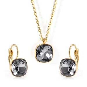 Detail view of gold stainless steel jewelry set featuring square dark grey zircon stones