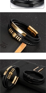 Detail of multi-layer black braided leather bracelet with gold and black magnetic clasp