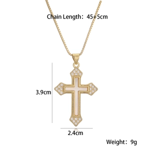 Detail showing dimensions of 18K gold plated cross necklace with zircon and white shell inlay