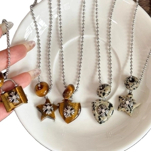 Retro tiger eye heart and star cross pendants on metal ball chains for women