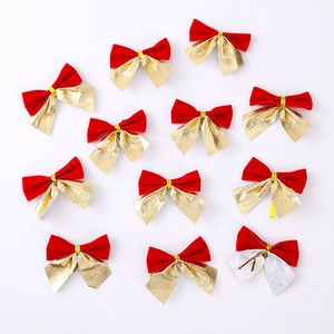 Set of 12 velvet Christmas bows for tree decoration in red with gold and silver ties
