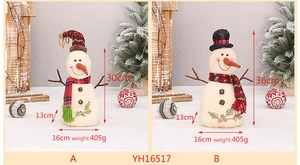 Detailed view of handmade Christmas snowman figurines in various sizes and festive hats