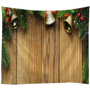 Christmas tapestry with pine branches and golden bells on dark wood pattern background