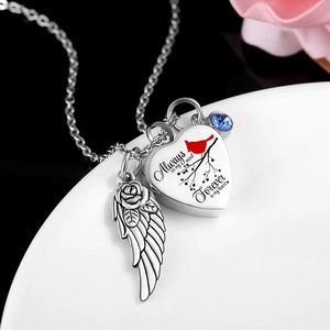 Silver heart urn necklace with angel wing, cardinal bird and blue crystal pendant