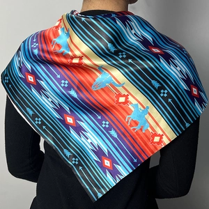 Detail of Western cowboy satin scarf featuring horse and buffalo skull tribal prints