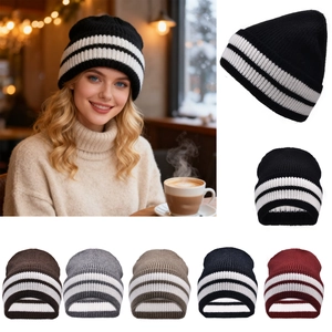 Striped Knitted Beanie Hat Thick Warm Winter Cap Soft Acrylic Ribbed Skull Cap Unisex Casual Outdoor Headwear