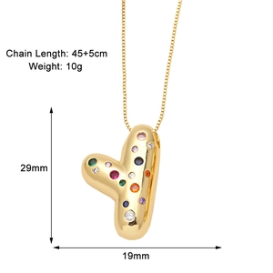 Detail showing letter Y pendant dimensions 29x19mm and 45cm gold chain with colorful zircons