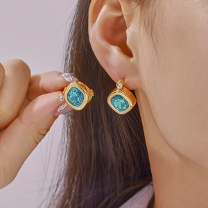 British style gold plated square emerald green zircon earrings set for women
