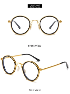 Front and side views of vintage round black and gold frame glasses with metal temples